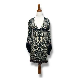 Free People Boho Sweater Dress Bell Sleeve Tribal Print Cream Green Size S
